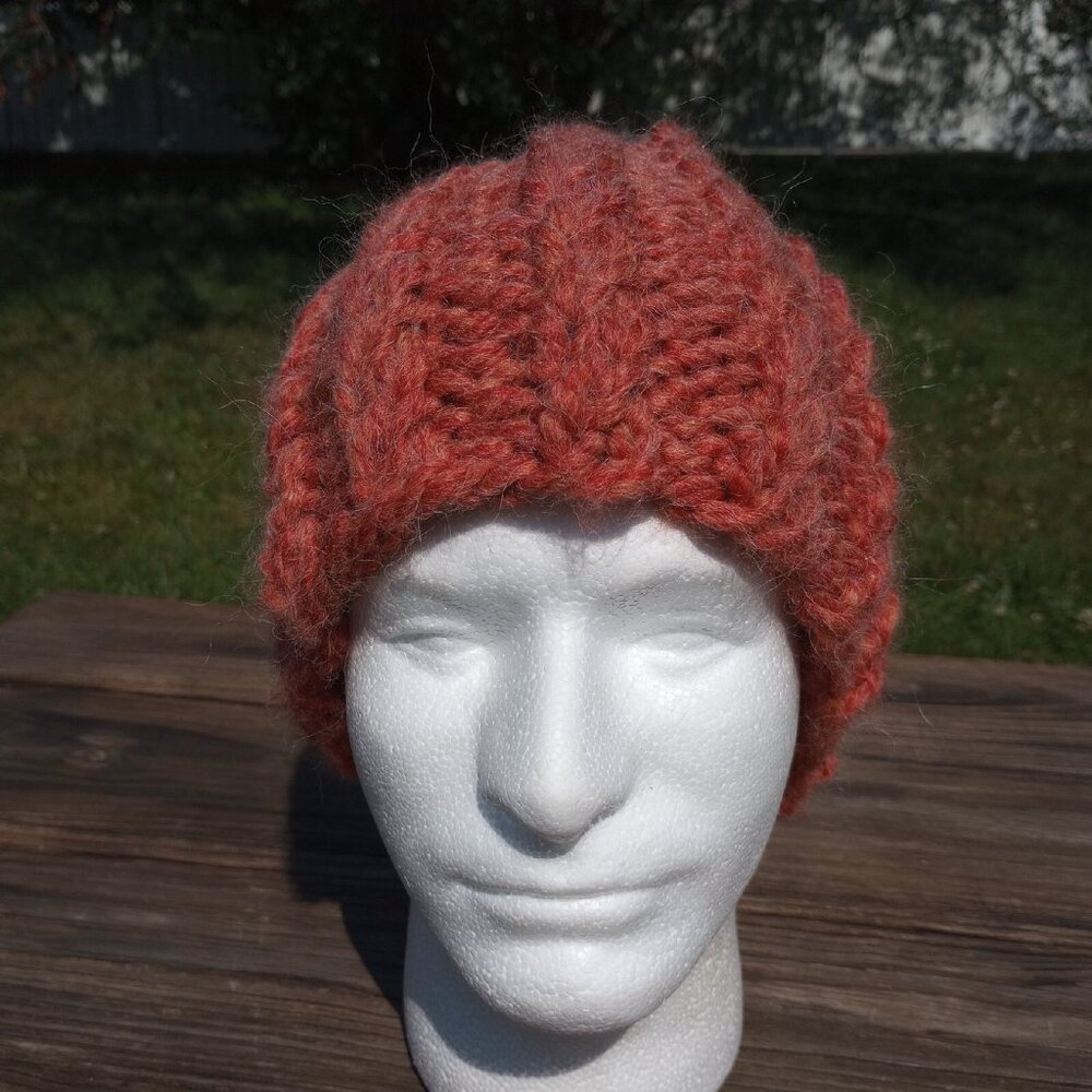 Alpaca Beanie Skully Hat Men Thick Chunky Hand Knit Wool Rib Orange Spice XL - Picture 3 of 9